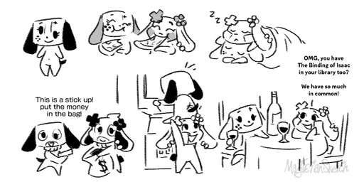 alcohol anthro anthrofied arcade_game beverage closed_smile container controller crime cup date dating dialogue drinking_glass duo ear_piercing ear_ring eating eating_food elbows_on_table eyelashes eyes_closed female food freckles furniture game_controller glass glass_container glass_cup lifting_another lifting_partner long_ears mouth_closed navel piercing pizza ring_piercing robbery short_tail sleeping sleeping_together smile smiling_at_another smiling_at_each_other smiling_at_partner sound_effects steam_controller stubby_arms stubby_legs table tail vowelless vowelless_sound_effect wine wine_bottle wine_glass zzz magiciansketch nintendo nintendo_switch steam_controller_(2026) valve valve_corporation valve_hardware steam_bun_(magiciansketch) switch_dog animate_inanimate canid canine lagomorph mammal 2:1 monochrome signature