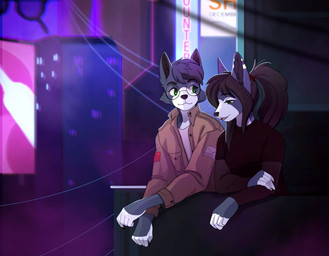 anthro balcony bisexual_lighting black_clothing black_hair black_shirt black_topwear clothing cyberpunk duo eyewear female fur glasses grey_body grey_fur hair jacket male neon neon_lights round_glasses shirt topwear white_body white_fur crazyfoxlady arnhem malta_(arnhem) canid canine canis mammal wolf hi_res brother_(lore) brother_and_sister_(lore) sibling_(lore) sister_(lore)