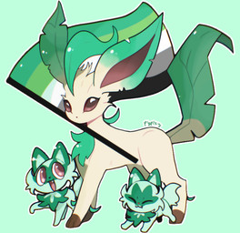 ambiguous_gender aromantic_pride_colors brown_eyes eyes_closed feral flag fur green_background green_body green_fur group lgbt_pride open_mouth pride_colors simple_background size_difference trio pypixy nintendo pokemon eeveelution generation_4_pokemon generation_9_pokemon leafeon pokemon_(species) sprigatito green_theme hi_res