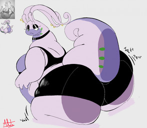 :< alternative_fashion antennae_(anatomy) anthro belly big_breasts big_butt black_clothing black_eyeshadow bottomwear bra breasts butt butt_focus choker clothed clothing double_chin ear_piercing eyeshadow female goth green_eyes grey_background huge_butt jewelry lidded_eyes looking_at_butt looking_at_own_butt looking_back makeup necklace obese obese_anthro obese_female onomatopoeia overweight overweight_anthro overweight_female piercing pokemorph purple_body rear_view shorts simple_background solo sound_effects sports_bra tail text thick_tail underwear wide_hips wobble alt_for_fat_art nintendo pokemon generation_6_pokemon goodra pokemon_(species) 2024 digital_media_(artwork) hi_res reference_image signature
