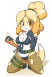 anthro belt black_nose blonde_hair blush breasts camel_toe clothing cosplay female gloves hair handwear kneeling looking_aside simple_background solo torn_clothing white_background mirrorreach animal_crossing konami metal_gear nintendo isabelle_(animal_crossing) quiet_(metal_gear) canid canine canis domestic_dog mammal toy_dog 2019