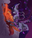 ambiguous_gender anthro arthropod_webbing biped bound duo ear_piercing ear_ring erection eye_contact fur grey_body grey_hair gynomorph hair horn intersex long_hair looking_at_another male mind_control multi_arm multi_eye multi_limb orange_body orange_fur penis_tentacles piercing purple_background purple_tentacles ring_piercing ringed_eyes simple_background spider_web tentacles web_bondage blueparikeet arachnid arthropod canid canine canis domestic_dog hybrid mammal spider