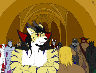 anthro cape clothing genitals group horn male muscular penis smile stripes ghunter hunterramirez hunter_ramirez bovid bovine canid canine cattle felid mammal mustelid otter pantherine tiger vampire