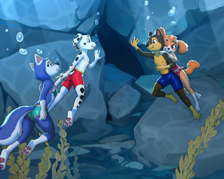 3_toes 4_fingers anthro clothing feet female fingers group hand_holding male swimwear toes underwater water young young_anthro diacordst paw_patrol chase_(paw_patrol) everest_(paw_patrol) marshall_(paw_patrol) skye_(paw_patrol) canid canine canis cockapoo dalmatian domestic_dog german_shepherd herding_dog husky mammal mixed_breed nordic_sled_dog pastoral_dog spitz 5:4 hi_res