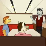 anthro clothed clothing collared_shirt fully_clothed furniture group male necktie restaurant sitting table trio waiter fuze duke_(fuze) wolfgang_(fuze) canid canine canis domestic_dog mammal wolf 1:1 hi_res