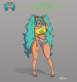 accessory big_breasts black_clothing black_thong black_underwear blue_bottomwear blue_clothing blue_eyes blue_hair blue_hotpants blue_shorts bottomwear bracelet brazilian_flag brazilian_flag_topwear breasts clothing colored_nails crop_top ear_piercing ear_ring eyelashes eyewear female flower flower_in_hair front_view gold_(metal) gold_ear_ring gold_jewelry grey_background hair hair_accessory hotpants human_only jewelry long_eyelashes long_hair nails necklace nipple_outline not_furry open_mouth piercing pigtails plant ring_piercing shirt shorts simple_background solo standing sunglasses tan_body tan_skin text thong thong_straps topwear underwear wide_hips yellow_clothing yellow_crop_top yellow_shirt yellow_topwear toby_art brazilian_miku vocaloid yamaha_corporation hatsune_miku human mammal english_text hi_res portuguese_text signature