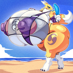 anthro areola armwear beach big_areola big_breasts big_butt big_nipples bikini black_sclera blue_eyes breasts bridal_gauntlets butt clothed clothing cocksicle dipstick_ears dipstick_tail ear_markings female food huge_breasts huge_butt huge_hips huge_thighs hyper hyper_breasts markings multicolored_body multicolored_ears nipples pink_areola pink_nipples popsicle solo swimwear tail tail_markings thick_thighs two-piece_swimsuit two_tone_body wide_hips angstrom bandai_namco digimon digimon_(species) renamon 1:1 2025 digital_media_(artwork) hi_res