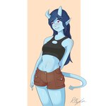 blue_body blue_hair blue_skin blush bottomwear clothing colored_nails female hair hand_behind_back horn imp_tail mazri_(raylaruneheart) nails raylaruneheart_(artist) shorts simple_background smile solo tail topwear humanoid tiefling 1:1 hi_res