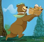 2018 basket bear bearhybrid black_lips brown_body brown_fur claws clothing container fangs feral forest forest_background fur hanna-barbera hat headgear headwear holding_object holding_picnic_basket lips looking_back male mammal mostly_nude motion_lines nature nature_background necktie on_hind_legs open_mouth picnic_basket plant running side_view signature solo teeth tree yogi_bear yogi_bear_(character)