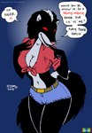 2018 anthro belt black_body black_fur bottomwear breasts buckle catherine_o'daisies cleavage clothed clothing collared_shirt color_edit colored dialogue english_text female fur hi_res knot mammal marmelmm mephitid midriff navel pink_nose red_eyes shirt shorts skunk tegerio text third-party_edit tied_shirt topwear whiskers zandar's_saga