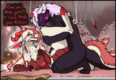 anthro areola big_breasts black_body blush breasts butt chest_tuft claws curved_horn dialogue duo ear_piercing ear_ring eyewear female female_penetrated fur genitals glasses hair horn impregnation_request male male/female male_penetrating male_penetrating_female markings nipples nude open_mouth penetration penis piercing red_body red_fur red_hair red_markings red_scales requesting ring_piercing scales sex smile speech_bubble symbol tail tail_markings text tongue tuft vaginal vaginal_penetration vulva white_body white_fur white_hair spiritelin mythology lotus_(lotusgoatess) obsidian_(lotusgoatess) deity demon dragon furred_dragon furred_scalie mythological_creature mythological_scalie reptile scalie wingless_dragon digital_media_(artwork) english_text hi_res
