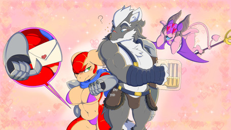 3_eyes alcohol anthro armor beer beer_mug beverage big_breasts bikini bikini_bottom bikini_top blue_eyes blush bottomwear breasts clothed clothing container cup envelope female fur gauntlets gloves green_eyes grey_body grey_fur group hair hand_wraps handwear heart_eyes heart_symbol holidays horn letter male male/female melee_weapon membrane_(anatomy) membranous_wings mug multi_eye muscular navel open_mouth pink_body polearm red_body shoulder_pads simple_background skimpy skimpy_bikini skimpy_bottomwear spade_tail swimwear tail tan_body teeth topwear trident trio two-piece_swimsuit valentine's_day_card weapon white_body white_fur white_hair wings wraps meatboom arma's_quest valentine's_day arma_(arma's_quest) gerbera_(arma's_quest) armadillo canid canine canis demon mammal succubus wolf xenarthran 16:9 digital_media_(artwork) hi_res widescreen