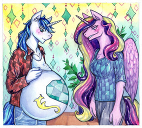 anthro belly big_belly blonde_hair blue_eyes blue_hair blush bottomwear clothed clothing cutie_mark denim denim_bottomwear denim_clothing duo female fur hair horn jeans looking_at_another looking_at_partner male multicolored_hair open_clothing open_shirt open_topwear pants paternity_mark pattern_clothing pattern_shirt pattern_topwear pink_body pink_fur pink_hair plaid plaid_clothing plaid_shirt plaid_topwear pregnant pregnant_anthro pregnant_male purple_hair shirt standing sweater topwear white_body white_fur wings matokiro friendship_is_magic hasbro my_little_pony mythology princess_cadance_(mlp) shining_armor_(mlp) equid equine mammal mythological_creature mythological_equine unicorn winged_unicorn 2020 painting_(artwork) traditional_media_(artwork) traditional_painting_(artwork) traditional_watercolor_(artwork) watercolor_(artwork)