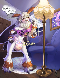 antennae_(anatomy) antennae_piercing anthro biped blush bodily_fluids breasts chair clothed clothing dialogue diaper door drooling facial_piercing female floor floor_lamp front_view fur furgonomic_piercing furgonomics furniture genital_fluids hair humanoid_hands i_love_lamp inside lamp leaking_diaper leaking_urine living_room multi_arm multi_limb onomatopoeia open_mouth painting_(object) pantsless peeing piercing power_cord rug saliva shirt solo sound_effects speech_bubble stained_diaper standing text tongue topwear unclean_diaper urine urine_drip urine_stain used_diaper using_diaper wearing_diaper wet_diaper wetting wetting_diaper window wood wood_floor rexxypawz anonymous_character arthropod insect lepidopteran moth english_text hi_res signature