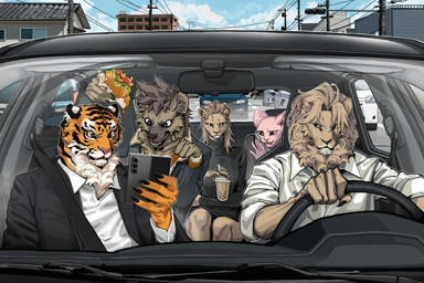 anthro black_body black_bottomwear black_clothing black_ears black_fur black_skirt black_topwear blue_sky bottomwear burger car clothed clothing cloud day driving female fingers food fully_clothed fur fur_tuft gesture group hair hairless hand_gesture holding_burger holding_food holding_object holding_steering_wheel inside_car inside_vehicle male mane mane_hair orange_body orange_fur pointing skirt sky steering_wheel tan_ears tan_hair tan_mane topwear tuft vehicle white_body white_fur lljh domestic_cat felid feline felis hairless_cat hyena lion mammal pantherine sphynx_(cat) tiger