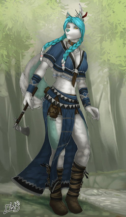 anthro axe detailed_background female forest fur holding_object holding_weapon melee_weapon native_american nature outside plant solo tree weapon white_body white_fur yellow_eyes obaum canid canine canis domestic_dog husky mammal nordic_sled_dog spitz hi_res