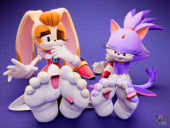 4_toes 5_fingers anthro biped black_nose clothed clothing disembodied_tongue eyebrows feet female fingers foot_fetish foot_lick group hair humanoid_feet licking one_eye_closed plantigrade soles tail toes tongue milkmeister3d sega sonic_the_hedgehog_(series) blaze_the_cat vanilla_the_rabbit domestic_cat felid feline felis lagomorph leporid mammal rabbit 3d_(artwork) 4:3 absurd_res digital_media_(artwork) hi_res