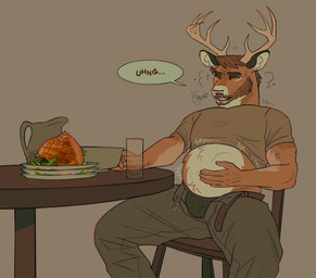 anthro antlers beard belly belt bloated blush bottomwear brown_beard brown_body brown_facial_hair brown_fur brown_hair bulge burping chair clothed clothing facial_hair food fur furniture glass green_clothing green_underwear grey_background hair ham hand_on_belly horn lidded_eyes male meat musclegut muscular muscular_anthro muscular_male onomatopoeia open_belt open_bottomwear open_clothing open_mouth open_pants orange_eyes pants pink_tongue pitcher plate pork rumbling_stomach shirt simple_background sitting solo sound_effects speech_bubble stuffing t-shirt table text tongue topwear underwear white_belly biggernbadder ben_(biggernbadder) deer mammal hi_res