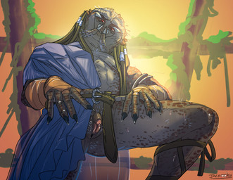 andromorph big_clitoris clitoral_hood clitoris clothed clothing genitals hair intersex looking_at_viewer mostly_nude narrowed_eyes not_furry open_clothing open_robe robe solo spread_legs spreading vulva jackiry predator_(franchise) alien humanoid yautja digital_media_(artwork) hi_res trans_(lore) trans_man_(lore)