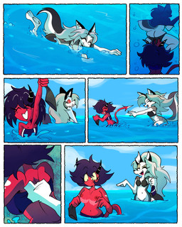 anthro areola arm_tuft assisted_exposure bikini bikini_bottom bikini_top bottomless bottomless_female breasts butt cartoon_freckles cleavage clothed clothing duo elbow_tuft eyelashes facial_tuft fangs female freckled_face freckles hair horn long_eyelashes long_hair markings navel nipples open_mouth outside pantsing piercing red_body red_sclera sharp_teeth shoulder_tuft spade_tail spots spotted_markings spotted_tail swimming swimwear tail tail_markings teeth tongue topless topless_female tuft two-piece_swimsuit underwater water popfulblue hellaverse helluva_boss loona_(helluva_boss) millie_(helluva_boss) canid canine canis humanoid imp mammal wolf 4:5 absurd_res comic hi_res