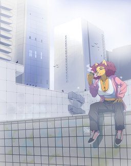 anthro breasts building city city_background clothing colored_nails crop_top eyebrow_piercing facial_piercing female fluffy fluffy_hair fog fur hair holding_object hoodie looking_at_viewer multiple_piercings nails nose_piercing orange_body orange_fur piercing pink_clothing pink_hoodie pink_topwear red_hair septum_piercing shirt sitting smoking solo stairs topwear gulasauce_(artist) katrina_del_mar felid feline majarean mammal absurd_res hi_res