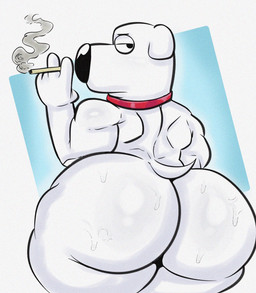 5_fingers anthro big_butt black_nose bodily_fluids butt cigarette cigarette_smoke collar collar_only fingers fur half-closed_eyes holding_cigarette holding_object male mouth_closed narrowed_eyes nude rear_view red_collar serious_face small_tail smoke solo sweat sweaty_butt tail thick_thighs white_body white_fur furryonline1 family_guy brian_griffin canid canine canis domestic_dog mammal 2025 english_description hi_res