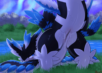 animal_genitalia animal_vulva ass_up aurora_(phenomenon) bent_over black_body bodily_fluids butt cetacean_genitalia cetacean_vulva detailed_background feathered_wings feathers female female_feral feral fur genital_fluids genitals glistening glistening_body grass looking_back mountain nude outside plant presenting presenting_hindquarters pupils raised_tail river sky solo spread_legs spreading tail vaginal_fluids vulva water white_body wings 2vv7 conditional_dnp mythology dragon furred_dragon furred_scalie mythological_creature mythological_scalie scalie swaria_(species) 2025 watermark