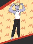 3:4 abstract_background anthro anthrofied bottomwear clothed clothing flexing fully_clothed fuze generation_1_pokemon hi_res machop male nintendo pants pokemon pokemon_(species) pokemorph rex_(fuze) shirt solo tank_top topwear
