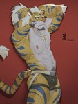 abs anthro areola bulge clothing heterochromia jockstrap looking_at_viewer male muscular muscular_male nipples pubes simple_background solo striped_body stripes tail tying_hair underwear munax_od felid mammal pantherine tiger dated hi_res