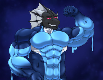 abs anthro biceps black_body blue_body claws clothing dorsal_fin dorsal_frill dripping ear_fins fin flexing frill_(anatomy) grey_body horn identity_change latex latex_clothing latex_skinsuit liquid_latex male multicolored_body muscular muscular_male pecs red_eyes skinsuit spines tail tight_clothing white_body wings shadowdragonxd mythology negadrake teryx_commodore dragon mythological_creature mythological_scalie scalie storm_dragon 2024 hi_res