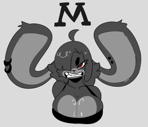 angry anthro big_breasts black_clothing black_ear_ring black_eyebrows black_topwear breasts cleavage clothed clothing collarbone ear_piercing ear_ring eye_through_hair eyebrows female front_view fur grey_background grey_body grey_ears grey_fur grey_hair grey_inner_ear hair huge_ears one_eye_obstructed piercing red_eyes ring_piercing simple_background solo teeth text thick_eyebrows topwear translucent translucent_hair white_sclera mat_zeus lagomorph leporid mammal rabbit 2025 absurd_res bust_portrait digital_drawing_(artwork) digital_media_(artwork) hi_res portrait