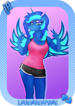 anthro athletic_wear black_bottomwear black_clothing black_shorts blue_body blue_eyes blue_fur blue_hair blue_horn blue_wings border bottomwear bra_strap breasts bulge clothing dolphin_shorts eyeshadow fur gesture glowing glowing_hair gynomorph hair hand_gesture horn intersex logo looking_at_viewer makeup pink_clothing pink_shirt pink_topwear shirt shorts simple_background solo sportswear spread_wings tank_top tongue tongue_out topwear v_sign white_border wings kilgorio hasbro my_little_pony mythology equid equine mammal mythological_creature mythological_equine winged_unicorn absurd_res digital_media_(artwork) hi_res shaded signature