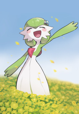 blue_sky eyes_closed female flower_field gardevoirite green_body green_hair green_skin hair happy mega_stone open_mouth sky smile solo white_body white_skin ddingyong nintendo pokemon poketoon tomorrow_with_gardevoir yugo's_gardevoir gardevoir generation_3_pokemon humanoid pokemon_(species)