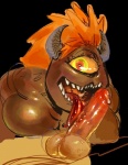 balls big_breasts breast_squish breasts brown_body brown_skin disembodied_penis duo erection fellatio female fire genital_danger_play genitals hair horn humanoid_genitalia humanoid_penis looking_at_viewer male male/female not_furry nude open_mouth oral orange_eyes orange_hair penile penis sex sharp_teeth simple_background smile solo_focus squish teeth tongue tongue_out unknown_artist doom_(series) id_software microsoft demon humanoid pain_elemental source_request