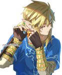 5_fingers blonde_hair blue_clothing clothed clothing eyebrows eyes_closed fingers hair humanoid_pointy_ears jewelry male not_furry pointy_ears solo otari7902 breath_of_the_wild nintendo the_legend_of_zelda link humanoid hylian signature