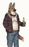 alcohol anthro beer beer_bottle beverage bottle bottomwear brown_body brown_fur checkered checkered_clothing clothed clothing container denim denim_bottomwear denim_clothing dirty dirty_clothing fully_clothed fur hand_in_pocket holding_beverage holding_bottle holding_container holding_object hoodie jeans jumper male pants pattern_clothing pockets shirt simple_background slightly_chubby slightly_chubby_anthro slightly_chubby_male smile solo standing tank_top topwear white_background cettus leggy_(cettus) canid canine mammal maned_wolf 2020 hi_res