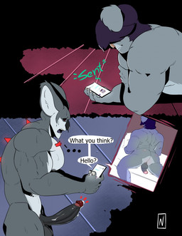 anthro areola aroused aroused_by_another aroused_face aroused_male balls biceps big_penis bodily_fluids butt cellphone duo electronics erection fur genital_fluids genitals glans greeting hair half-erect holding_cellphone holding_object holding_phone holding_smartphone humanoid_genitalia humanoid_penis leaking_precum lying male male/male muscular muscular_anthro muscular_male nipples nude on_front open_mouth pecs penis penis_backwards phone photo precum precum_string smartphone standing sweat sweatdrop sweaty_body text nevets koala mammal marsupial vombatiform digital_media_(artwork) english_text hi_res