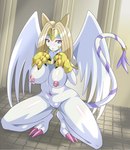 anthro blue_eyes breasts claws clothing erect_nipples female genitals gloves handwear nipples nude pussy smile solo white_body wings heigani bandai_namco digimon digimon_(species) nefertimon