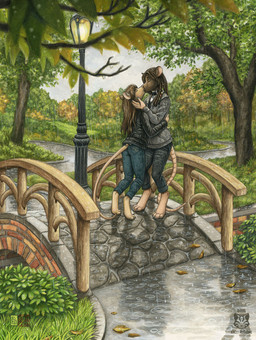 4_toes anthro barefoot bridge claws clothed clothing collar detailed_background digitigrade dreadlocks duo feet female female/female kissing outside park raining romantic romantic_couple toes kacey mammal mouse murid murine rat rodent 2015