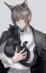 5_fingers ambiguous_gender black_body black_fur clothing collar duo feral fingers fur grey_hair hair holding_character jacket male short_hair simple_background smile topwear whiskers white_background pottsness arknights hypergryph studio_montagne phantom_(arknights) animal_humanoid cat_humanoid domestic_cat felid felid_humanoid feline feline_humanoid felis humanoid mammal mammal_humanoid 2021 5:8 absurd_res hi_res