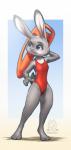 3_toes 4_fingers anthro biped breasts cleavage clothed clothing feet female fingers fur grey_body grey_fur lifeguard looking_aside looking_away one-piece_swimsuit outside pink_nose pose purple_eyes rescue_buoy simple_background sky smile solo standing swimwear toes wide_hips mykegreywolf baywatch disney zootopia judy_hopps lagomorph leporid mammal rabbit 2017 crossover hi_res