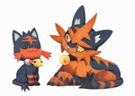 2022 ambiguous_gender being_watched bluekomadori chingling claws feral generation_4_pokemon generation_7_pokemon group litten looking_at_another nintendo pokemon pokemon_(species) simple_background smile teeth torracat trio white_background