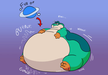 anthro black_blush blush directional_arrow feet green_body half-closed_eyes inflation male multicolored_body narrowed_eyes orange_feet orange_hands round_body simple_background solo two_tone_body two_tone_feet two_tone_hands cozzy rubato rubato_(character) amphibian frog hi_res