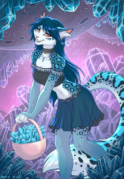 anthro bangs blue_body blue_bottomwear blue_clothing blue_crystal blue_fur blue_hair blue_markings blue_skirt bottomwear cheek_tuft choker clothing collarbone crop_top crystal eyelashes facial_tuft female fluffy fluffy_tail fur hair holding_object inner_ear_fluff jewelry long_hair looking_back markings midriff navel necklace pink_nose red_eyes shirt skirt smile smiling_at_viewer solo spots spotted_body spotted_fur standing tail teeth topwear tuft white_body white_fur omega_lioness felid leopard mammal pantherine 2025 colored hi_res shaded