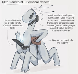 3_fingers 3_toes 4_antennae 4_eyes 4_legs ambiguous_gender antennae_(anatomy) bag black_eyes choker computer electronics elith_construct feet feral fingers jewelry multi_eye necklace science_fiction solo species_sheet standing technology text three-quarter_view toes white_body tateoftot alien hi_res model_sheet