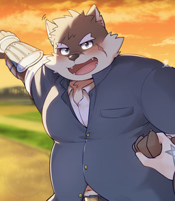 anthro belly blush clothing duo eyebrows fur grey_body grey_fur hand_holding male overweight school_uniform smile sunset thick_eyebrows uniform saund_r_pupu2 lifewonders tokyo_afterschool_summoners moritaka_(tas) canid canine canis domestic_dog mammal hi_res