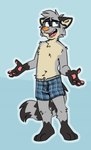 anthro barefoot black_body black_fur blue_background blue_border blue_boxers blue_clothing blue_eyes blue_underwear border boxers_(clothing) boxers_only clothed clothing eyewear feet fur glasses grey_body grey_fur male open_mouth open_palms orange_nose pawpads pink_pawpads plaid_boxers sharp_teeth simple_background smile solo tan_body tan_fur teeth teeth_showing tongue_showing topless underwear underwear_only tinydeerguy ringo_raccoon mammal procyonid raccoon hi_res