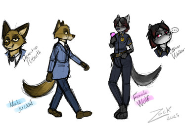 anthro barefoot biped bunnycool(zack) cellphone clothed clothed_anthro clothed_female clothed_male clothing duo electronics feet female female_anthro hair looking_at_viewer male male_anthro phone plantigrade side_view standing suit text three-quarter_view uniform walking bunnycool fan_character canid canine canis jackal mammal wolf 2025 bust_portrait character_name colored colored_sketch concept_art dated english_text full-length_portrait guide_lines handwritten_text hi_res portrait sketch sketch_page