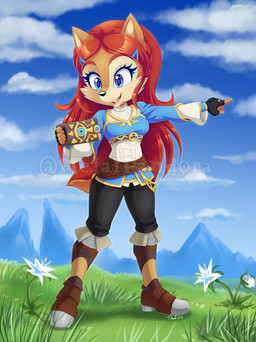 5_fingers anthro black_nose blue_eyes brown_hair clothed clothing cloud cosplay crossover_cosplay eyelashes female fingerless_gloves fingers flower fully_clothed gesture gloves grass hair hand_gesture handwear holding_object long_hair mountain open_mouth open_smile outside plant pointing red_hair sheikah_slate sky smile solo standing tablet_computer metalpandora archie_comics breath_of_the_wild nintendo sega sonic_the_hedgehog_(archie) sonic_the_hedgehog_(comics) sonic_the_hedgehog_(series) the_legend_of_zelda princess_zelda sally_acorn chipmunk ground_squirrel mammal rodent sciurid 2020 crossover digital_media_(artwork) distracting_watermark signature watermark