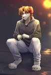 anthro bottomwear clothed clothing femboy jumper looking_away male muscular muscular_anthro muscular_femboy muscular_male pants sitting solo meneo bazdin_(bazdin42) brittany_spaniel canid canine canis domestic_dog humanoid mammal hi_res